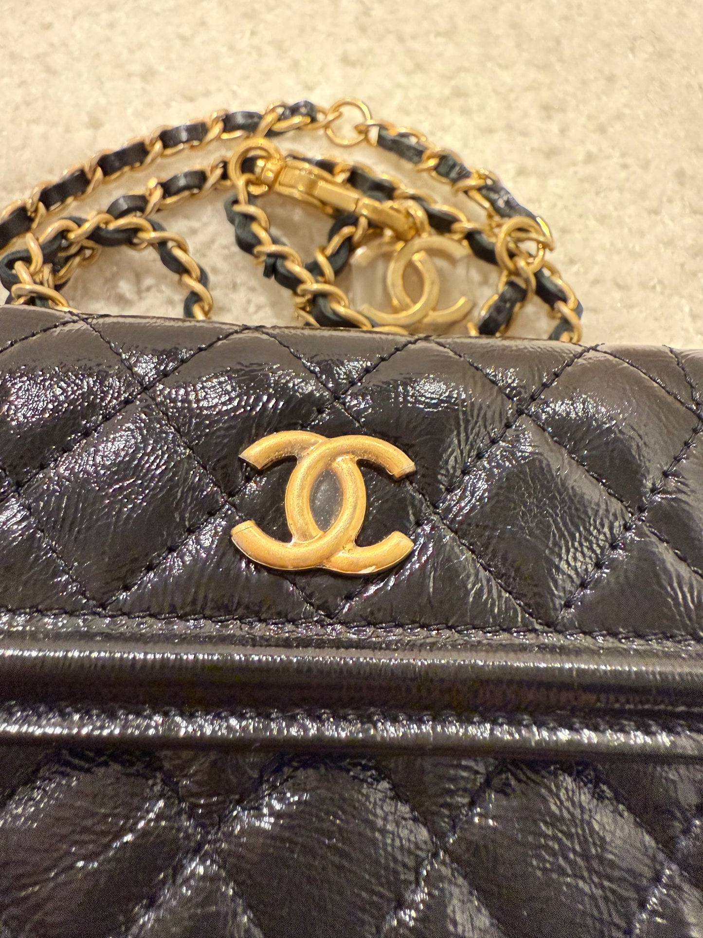 CHANEL Shiny Calfskin Quilted Waist Belt Bag Black