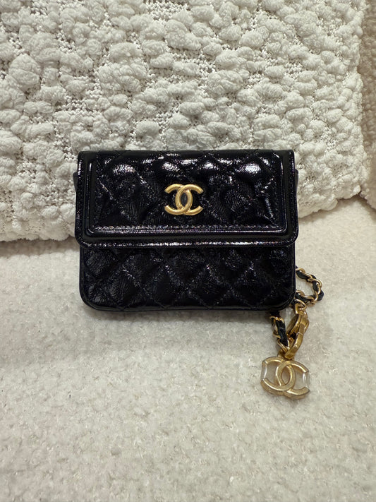 CHANEL Shiny Calfskin Quilted Waist Belt Bag Black