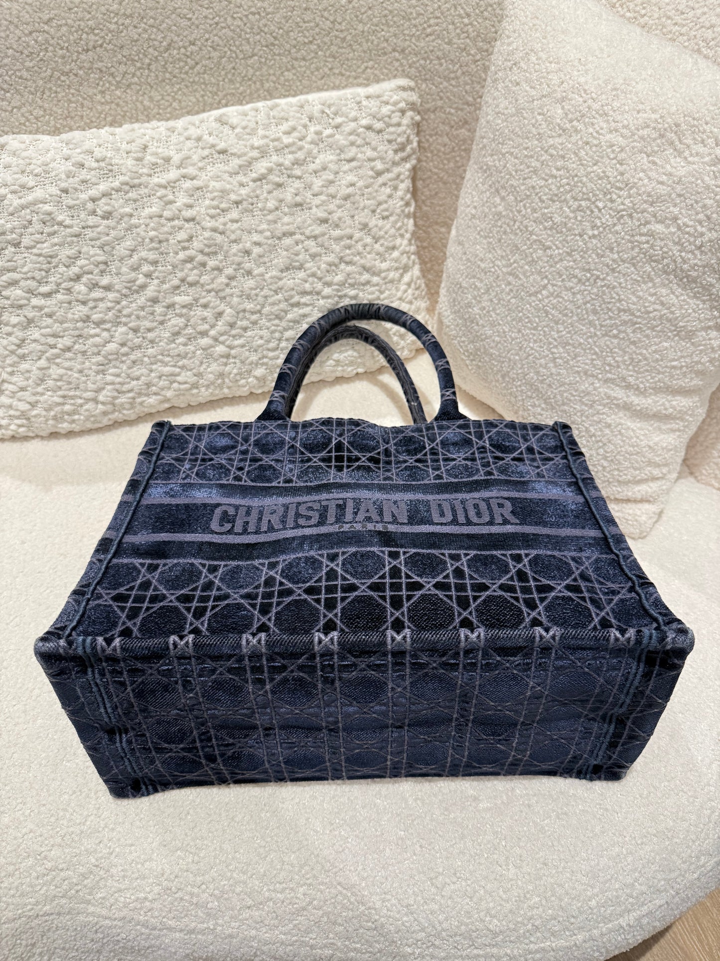 Christian Dior Book Tote Cannage Embroidered Velvet Large Blue