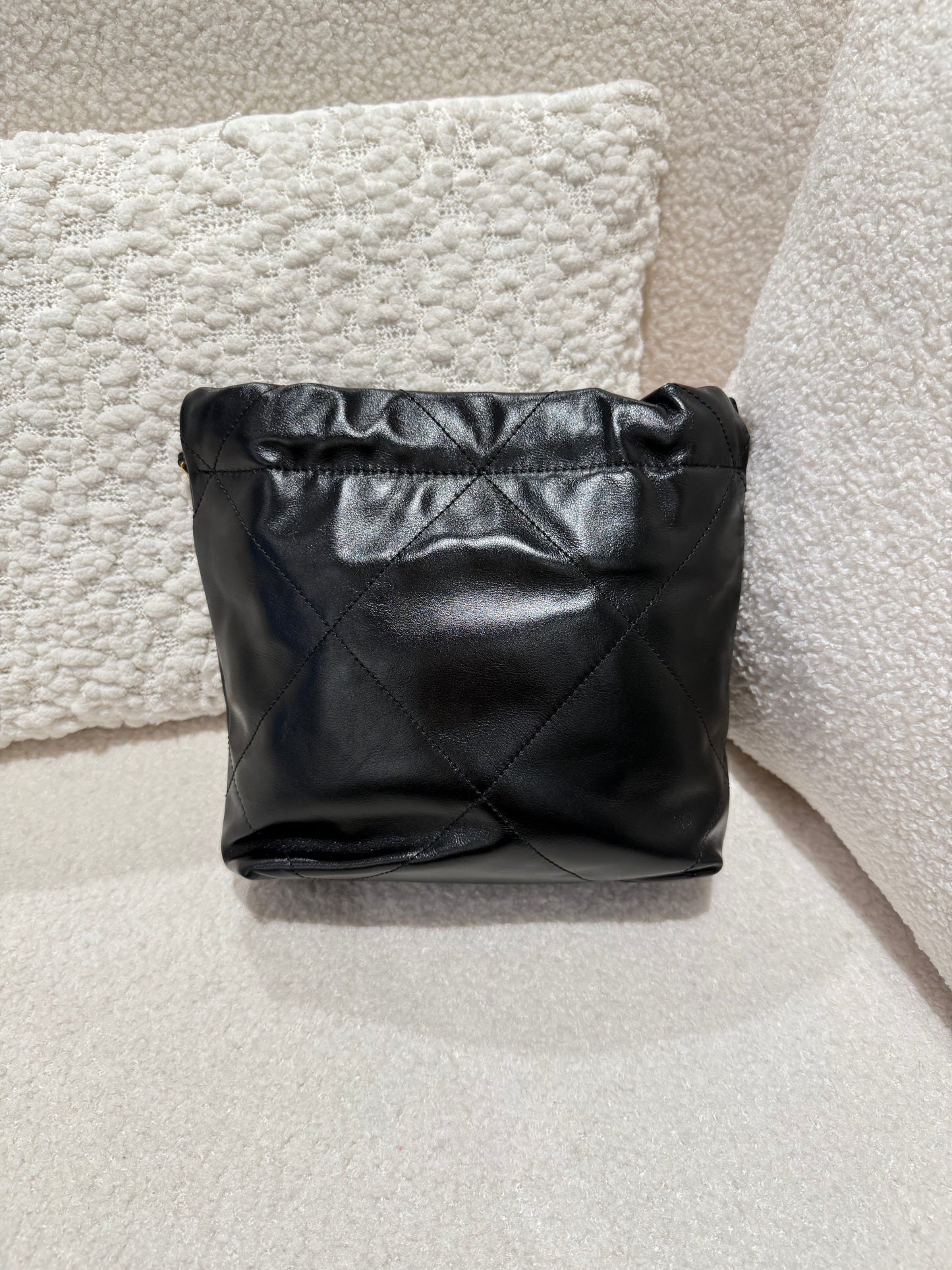 CHANEL MINI 22 BAG SHINY CALFSKIN BLACK BRUSHED GHW (MICROCHIP)