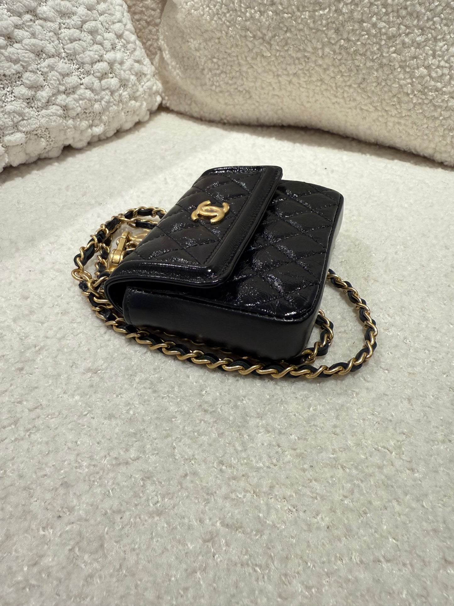 CHANEL Shiny Calfskin Quilted Waist Belt Bag Black