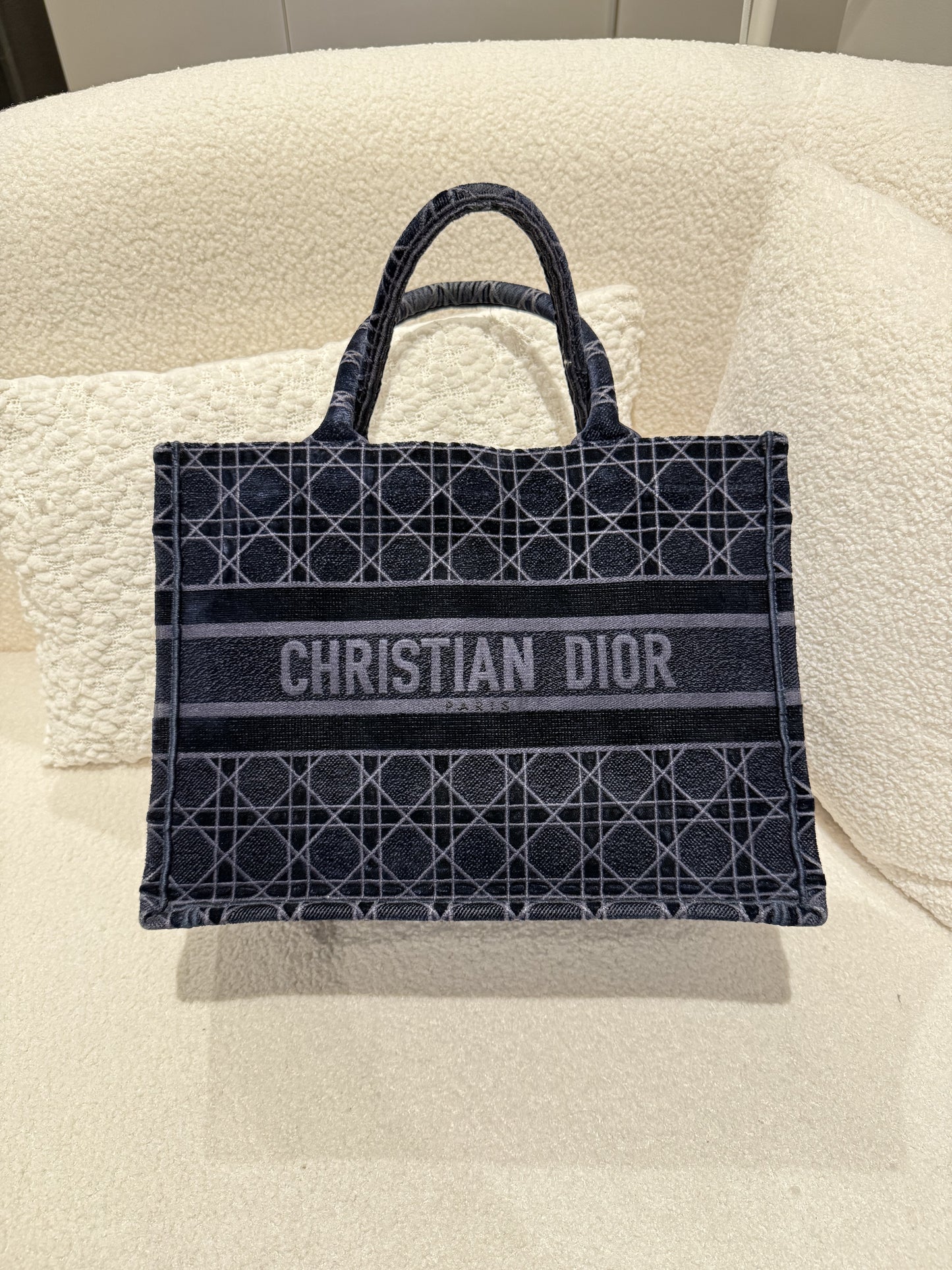 Christian Dior Book Tote Cannage Embroidered Velvet Large Blue